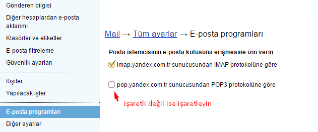 Yandex.Mail Tüm Ayarlar Ekran Görüntüsü